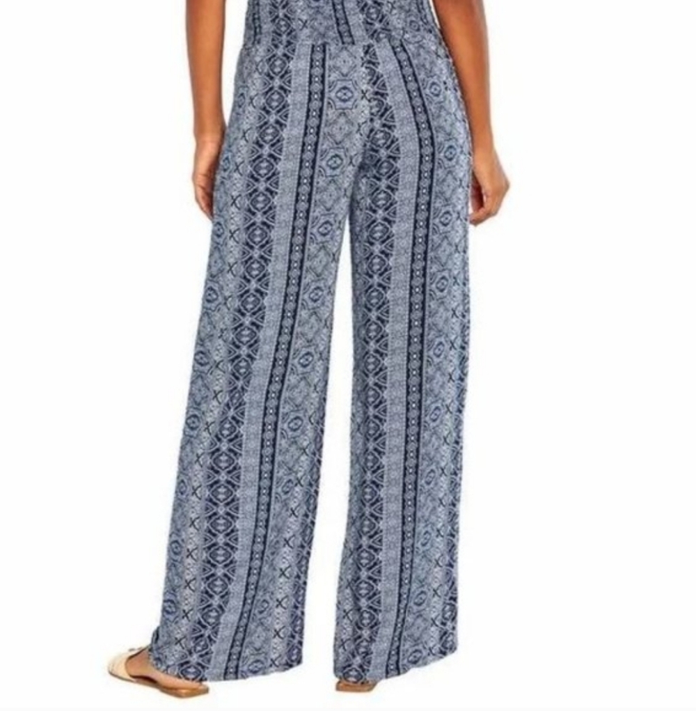 Three Dots Wide Leg Pant Blue White Print Pull On Sz Medium Pockets Lightweight - Picture 3 of 15
